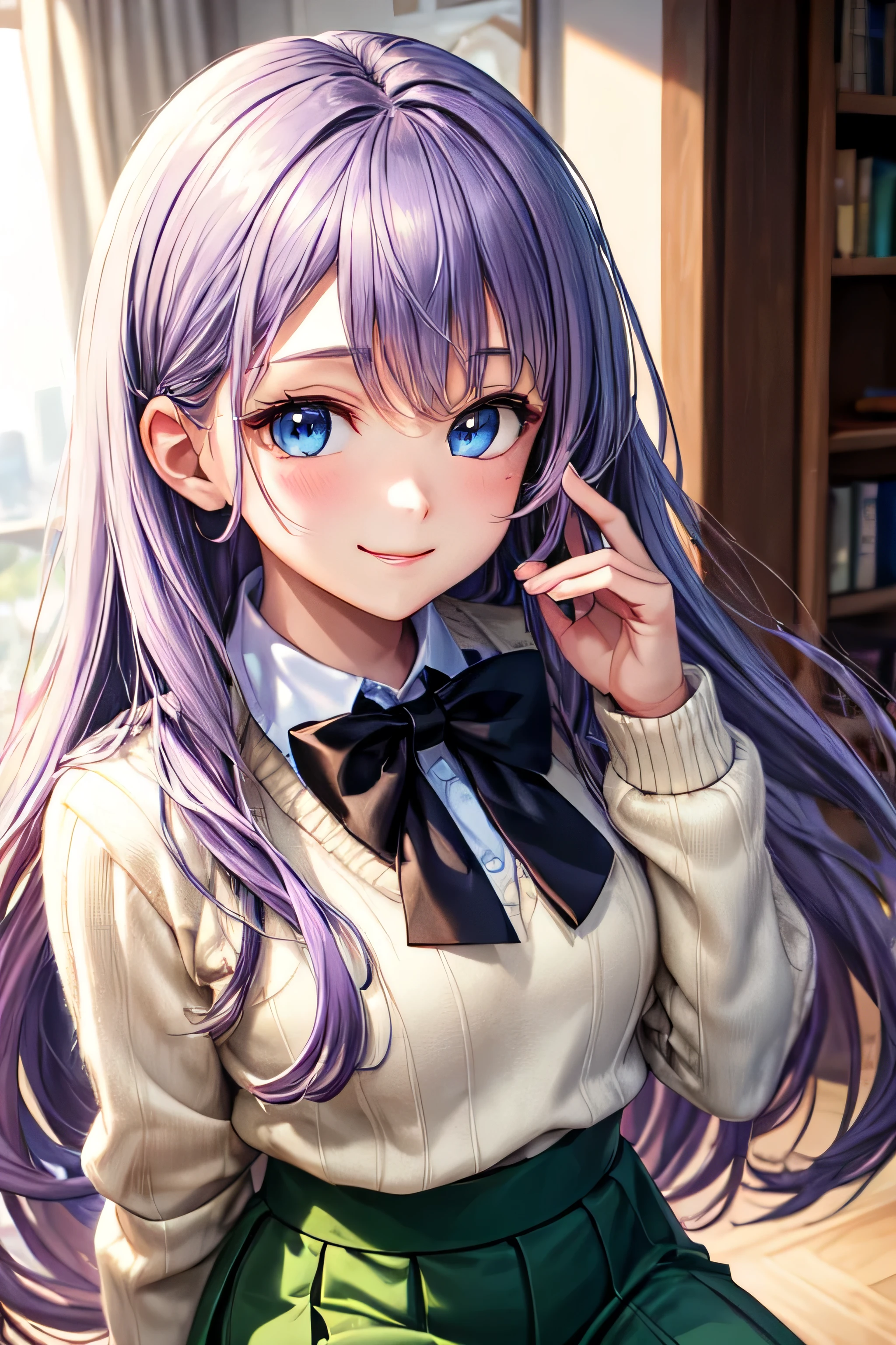 ((best quality)), ((masterpiece)), (detailed), perfect face
long hair, light purple dye hair, light blue eyes, tiny smile, chin on palm, white sweater, green skirt, black bowtie