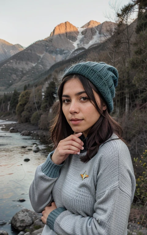 Photography, foto de mujer hermosa, autofoto, parte superior del cuerpo, solo, vistiendo jersey, al aire libre, (noche), mountains, naturaleza de la vida real, estrellas, luna, alegre, feliz, guantes, sweater, gorro, bosque, rocas, river, madera, fumar, niebla, mirando al espectador, Textura de la piel, foto de grano, de cerca, foto cruda