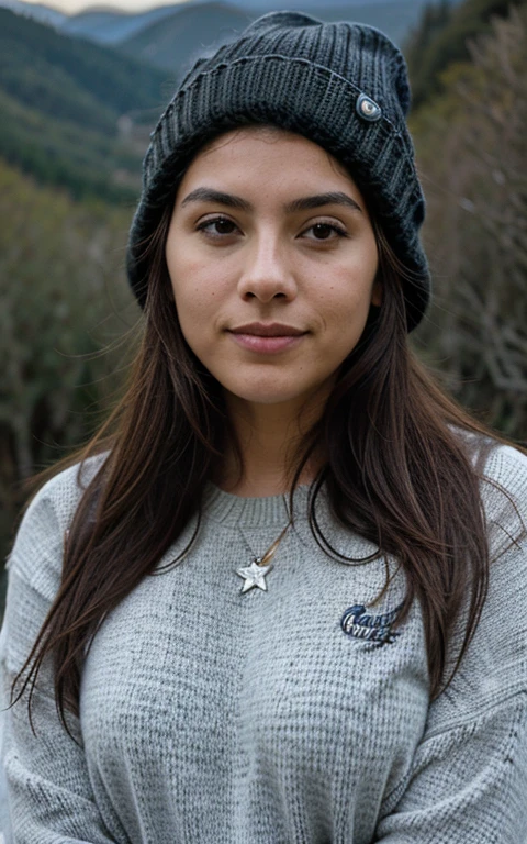 Photography, foto de mujer hermosa, autofoto, parte superior del cuerpo, solo, vistiendo jersey, al aire libre, (noche), mountains, naturaleza de la vida real, estrellas, luna, alegre, feliz, guantes, sweater, gorro, bosque, rocas, river, madera, fumar, niebla, mirando al espectador, Textura de la piel, foto de grano, de cerca, foto cruda