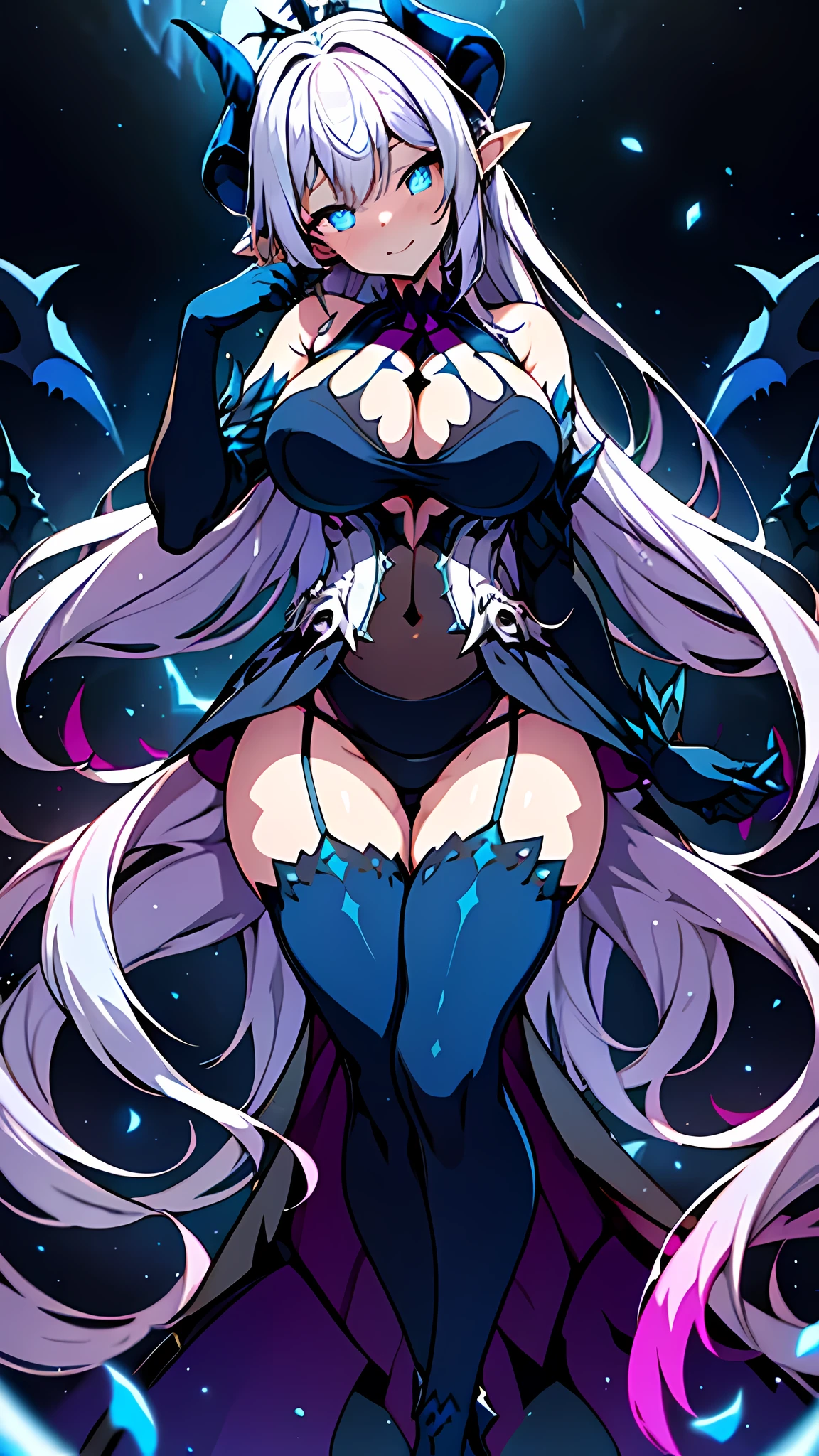 (masterpiece), best quality, expressive eyes, perfect face, elesis_elsword, bare shoulders, light blue gloves,(big breasts:1.3),cleavage,(dark blue intricate ball gown :1.4),garter belt,asymmetrical leg wear, full moon scenery,rose petals in the air,(night:1.1),sexy pose,bewitching pose,standing,head tilt,cowboy shot,white hair,glowing horns,fantasy,thighhigh heels,stockings,pointy ears,evil grin