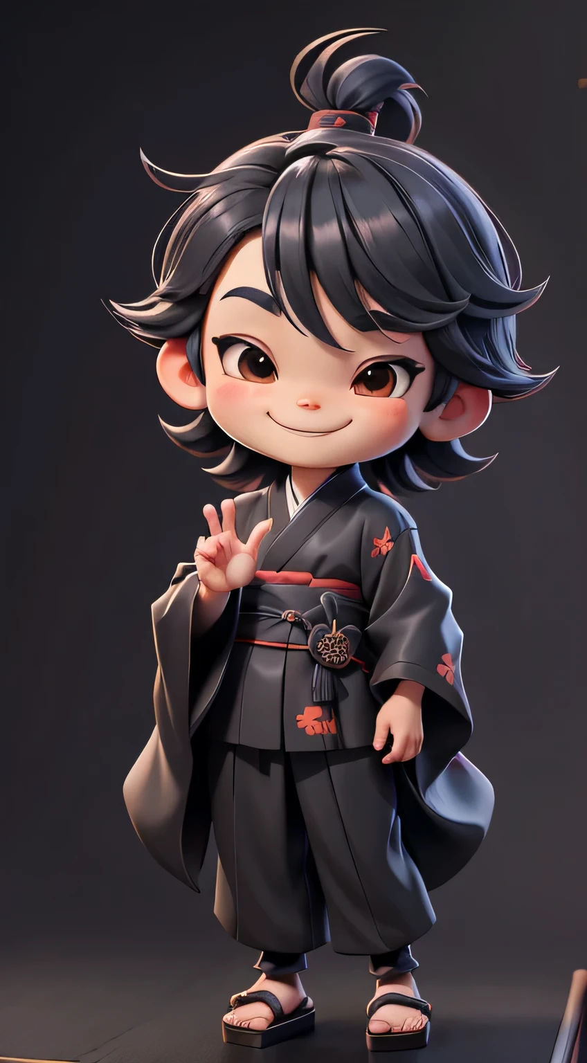 front view、full body figure、full body,, smile, Peace and love hand sign、boy,black kimono、Japanese clothing、samurai、Japanese kimono,A face with a jutting jaw、Hair parted to the left、My bangs are hanging on my forehead