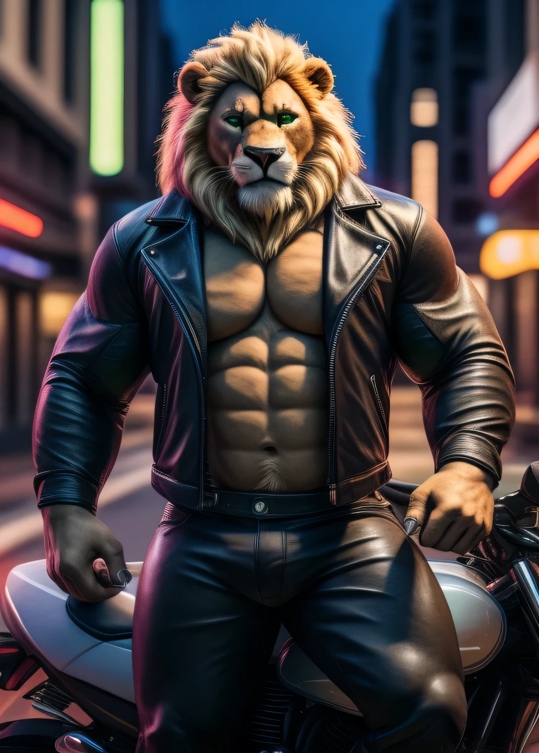 (best quality,4k,highres,masterpiece:1.2), ultra-detailed, realistic:1.37, HDR, studio lighting, extreme detail description, professional, vivid colors, bokeh, lion, male, blond mane, brown beard along the jaw, green eyes, very muscular body, pecs, biceps, broad shoulders, biker clothing, open jacket, tight pants, on motorcycle, street, looking at the viewer.