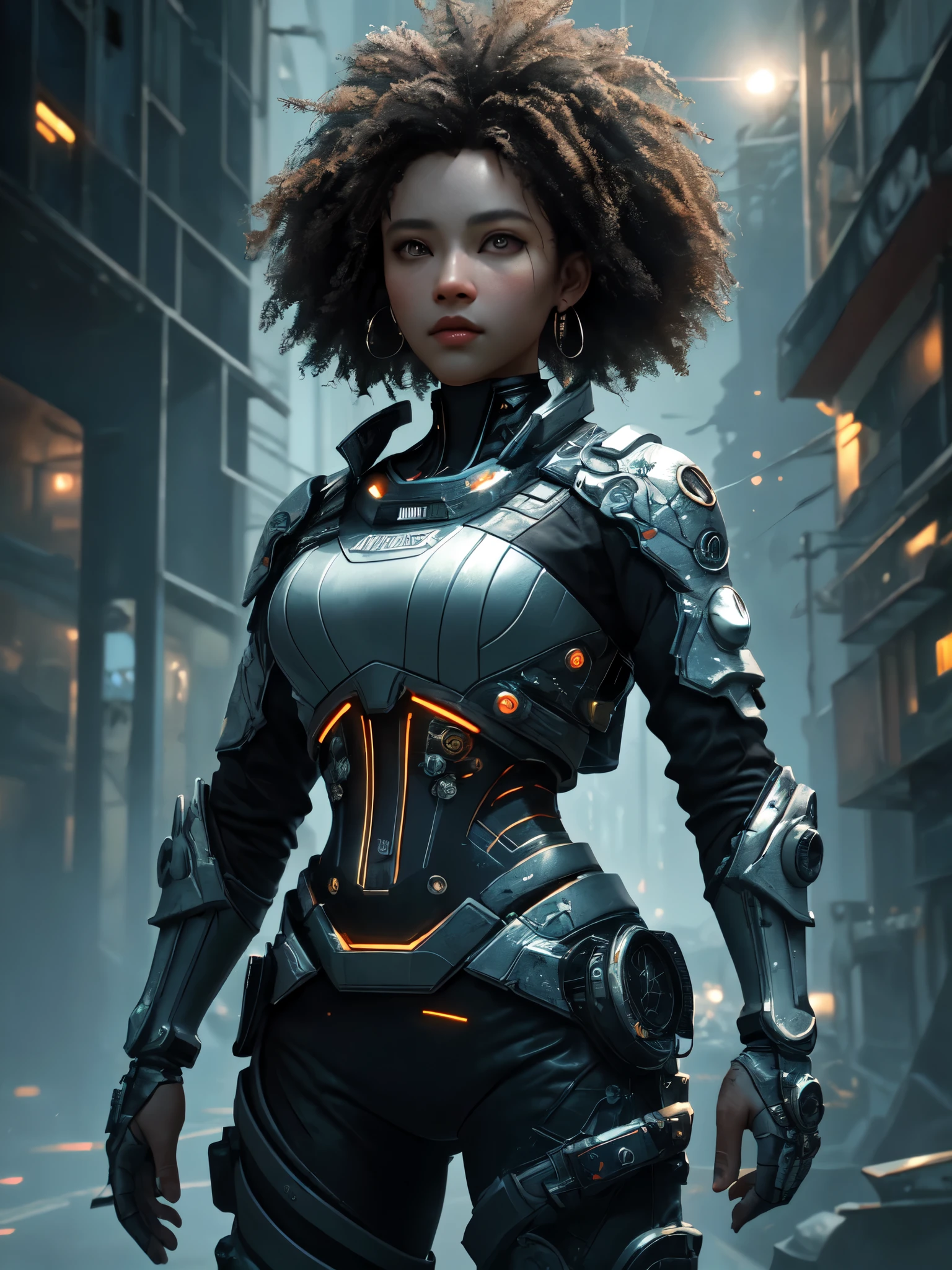 afro-descendant, ((best qualtiy)), ((tmasterpiece)), (the detail:1.4), 3D, A beautiful cyberpunk female image black skin,HDR(HighDynamicRange),Ray traching,NVIDIA RTX,Super-Resolution,Unreal 5,Subsurface scattering、PBR Texture、post-proces、Anisotropy Filtering、depth of fieldaximum definition and sharpnesany-Layer Textures、Albedo e mapas Speculares、Surface Coloring、Accurate simulation of light-material interactions、perfectly proportions、Octane Render、Two-colored light、largeaperture、Low ISO、White balance、the rule of thirds、4K RAW、