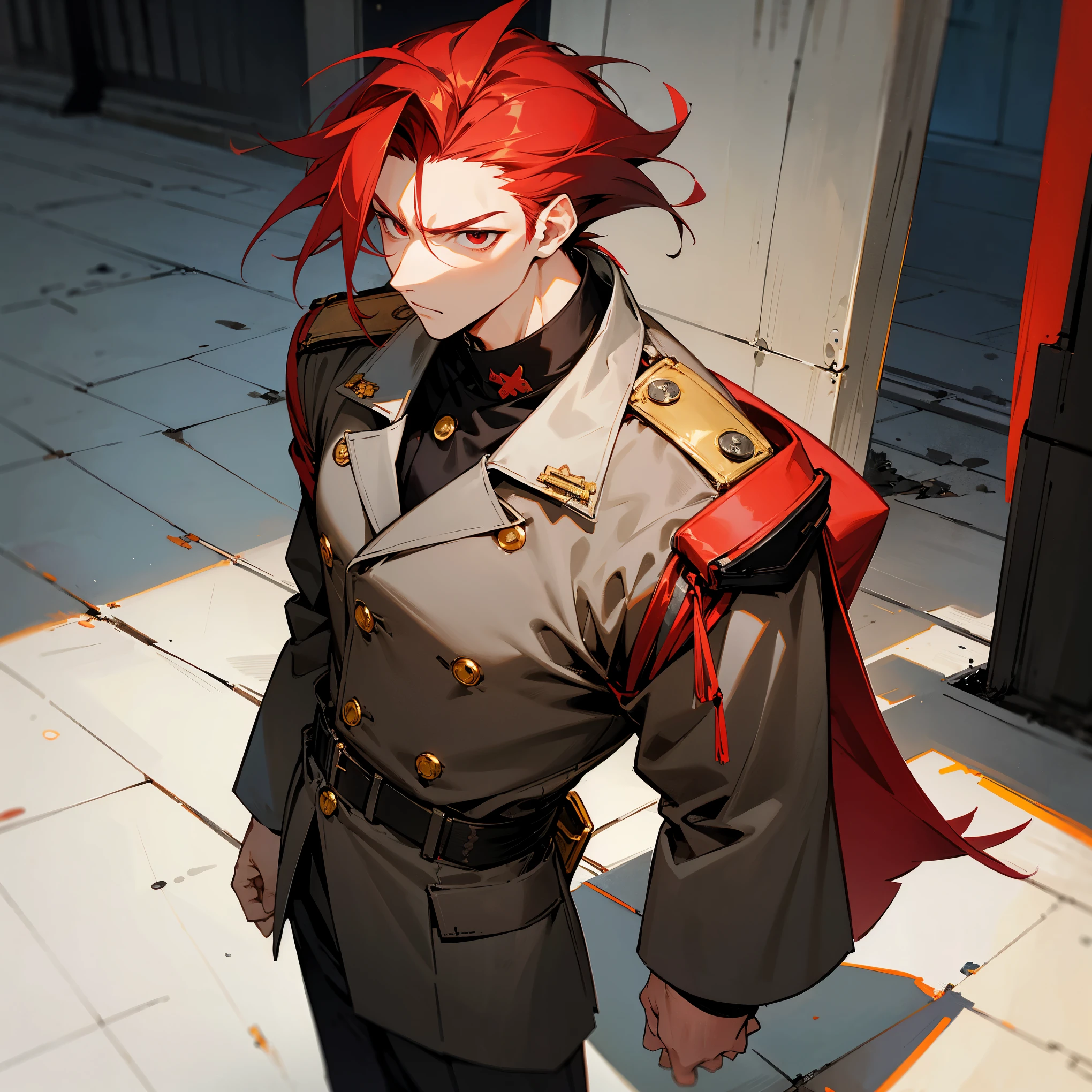 1male , messy hair , Red Hair , Red Eyes , Standing on sidewalk , White Military Officer clothing , Serious Expression , Slick Back hair