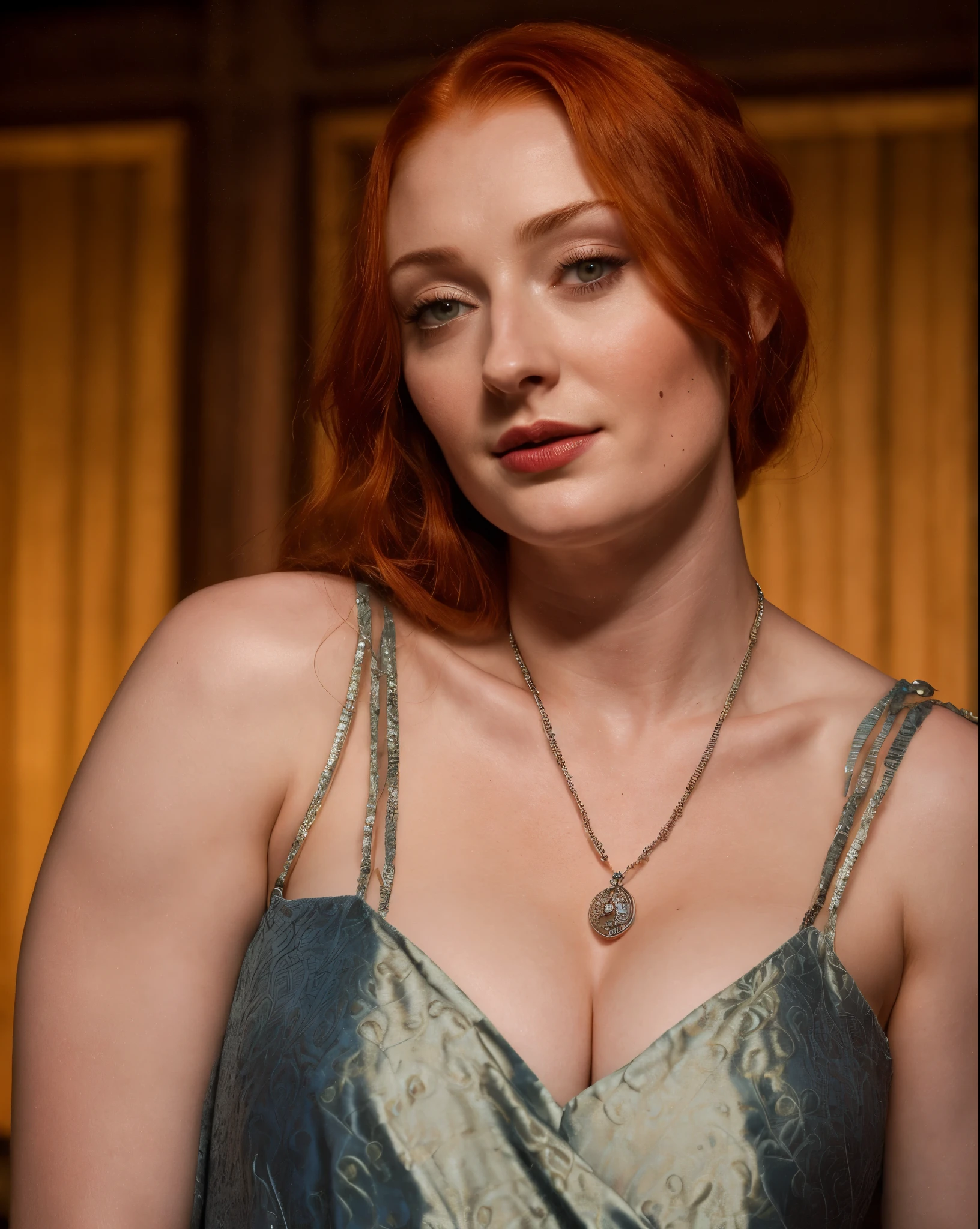 Face of Sophie Turner, Sansa Stark played by Sophie Turner, the de facto Lady of the Eyrie, is a 40-year-old mature queen with a stunning, alluring appearance. Full Face, pierced eyes, reddish lips, upper body shot, erotic Mediaeval costumes, game of thrones costumes, She wears a Game of Thrones-inspired costume and has a deep cleavage, a perfect thick body, and a perfect thick figure. The photograph captures her in a close-up, with her skin texture and facial features being ultra-realistic and realistic.