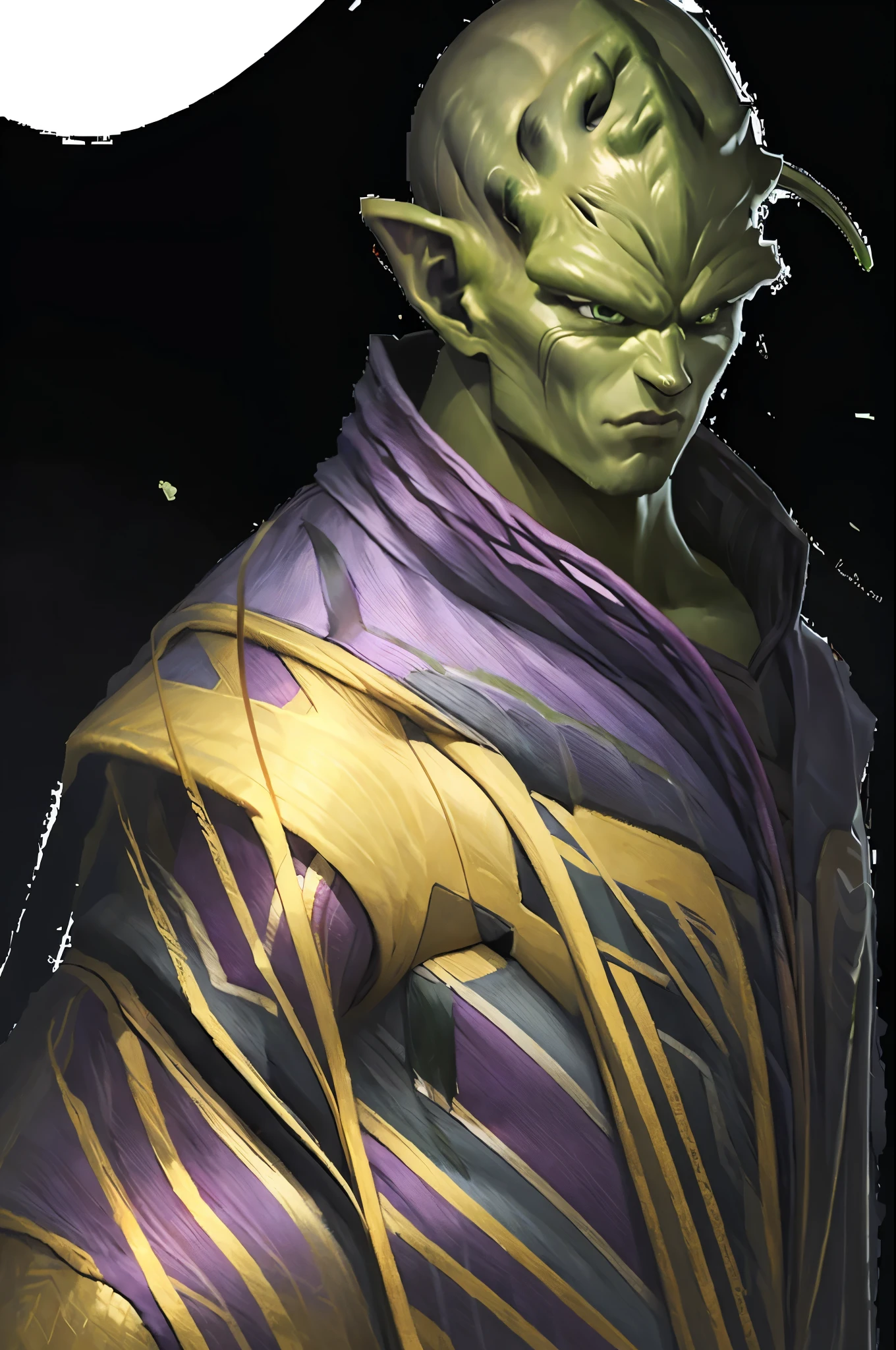 masterpiece, best quality, realistic, photorealistic, 8k,piccolo, 1boy, male focus, solo, standing, pointy ears,(purple dougi), green skin, oni horns, purple pants, closed mouth, looking at viewer, ((bald)),arms at sides,pink patches,black eyes, blue sash, rocks, grassfield