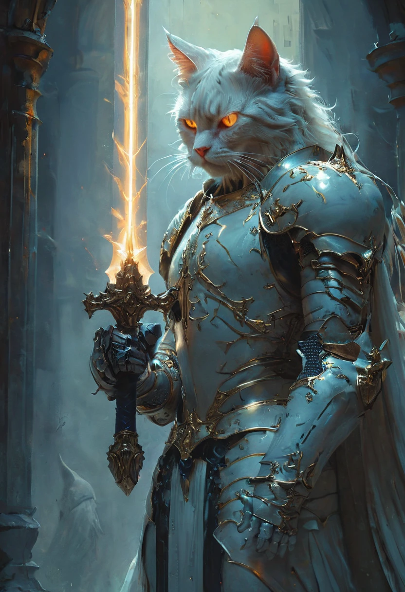 cat knight with glowing eyes, moonlight, (anthropomorphic cat:1.4), ethereal, angry, dynamic pose, Movie Still, cover art, vertical symmetry, famous artwork by artgerm and guweiz, hkstyle, (masterpiece, best quality, perfect composition, very aesthetic, absurdres, ultra-detailed, intricate details, Professional, official art, Representative work:1.3)