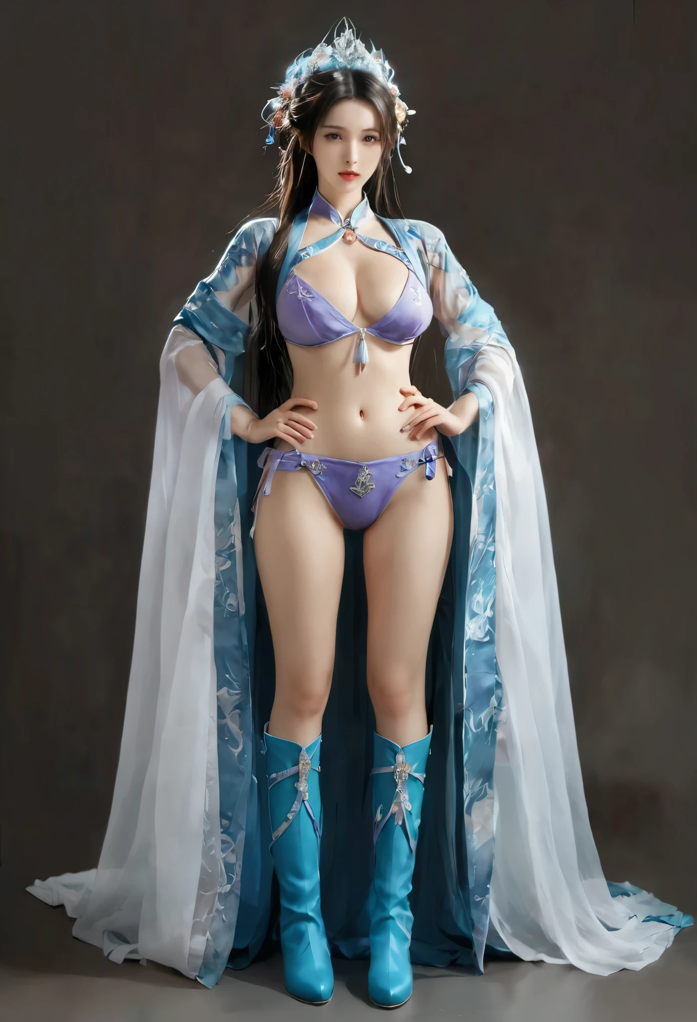 美麗的fantasy皇后, anime goddess, full body xianxia, ((美麗的fantasy皇后)), Sexy red bikini underwear，high-cut underwear，high cut underwear，Long-legged girl，put on boots，White boots，huge breasts，Put on your hat, Chinese Hanfu，fantasy服装, Sha Xi, ((美麗的fantasy皇后)), Put on the priest&#39;s cloak, full body purple cloak, 穿着fantasy服装, Anime girls cosplay look at the audience，facing the audience，Put your hands beside you,flowing long hair，Surreal 8000g，Impeccable，masterpiece，professional artwork，famous artwork，Light，movie bloom，perfect face，pretty face，fantasy，Dreamy and magical，not real，intricate details，Exquisite pattern