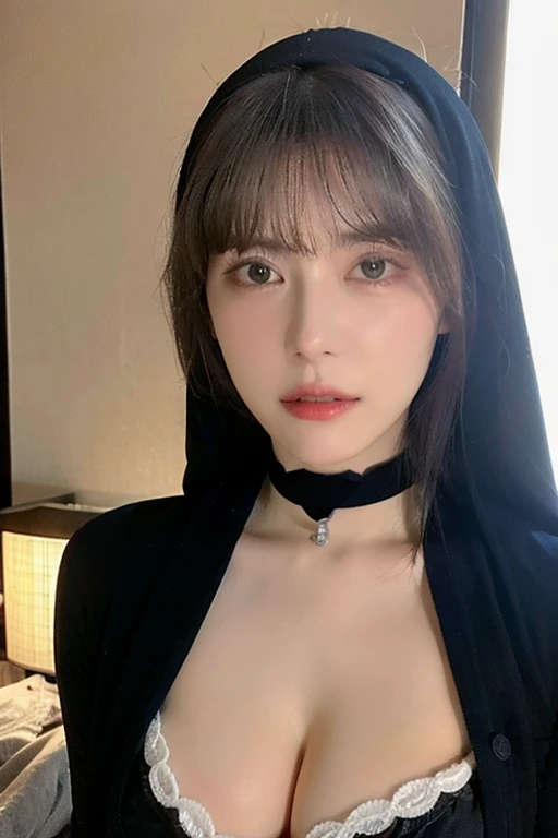 woman nun in black robe, Beautiful italian woman prays, a sexy girl, a beautiful, big pushing breasts, photo of a beautiful, Young sexy woman, beautifully soft lighting, The Goddess, woman, detailed eyes and face, beautiful detailed eyes, choker around the neck, beautiful detailed lips, extremely detailed eyes and face, Sexy young woman, Gray background, gorgeous soft lighting