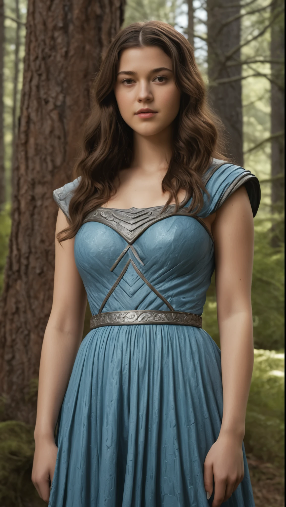 An illustrated movie poster, hand-drawn, full color, a Westerosi  girl, wearing a long regal dress, resembles Mary Elizabeth Winstead, sun-tanned complexion, tall, athletic, Amazonian figure, curvy, toned midriff, bottom-heavy, generous hips, massive bubble-butt, ridiculously thick powerful thighs, dark hair, long hair, waist-length hair, posing in a pine forest, hard shadows, graphite shading, stencil marks, airbrushed acrylic paint, masterpiece, in the style of Game of Thrones 