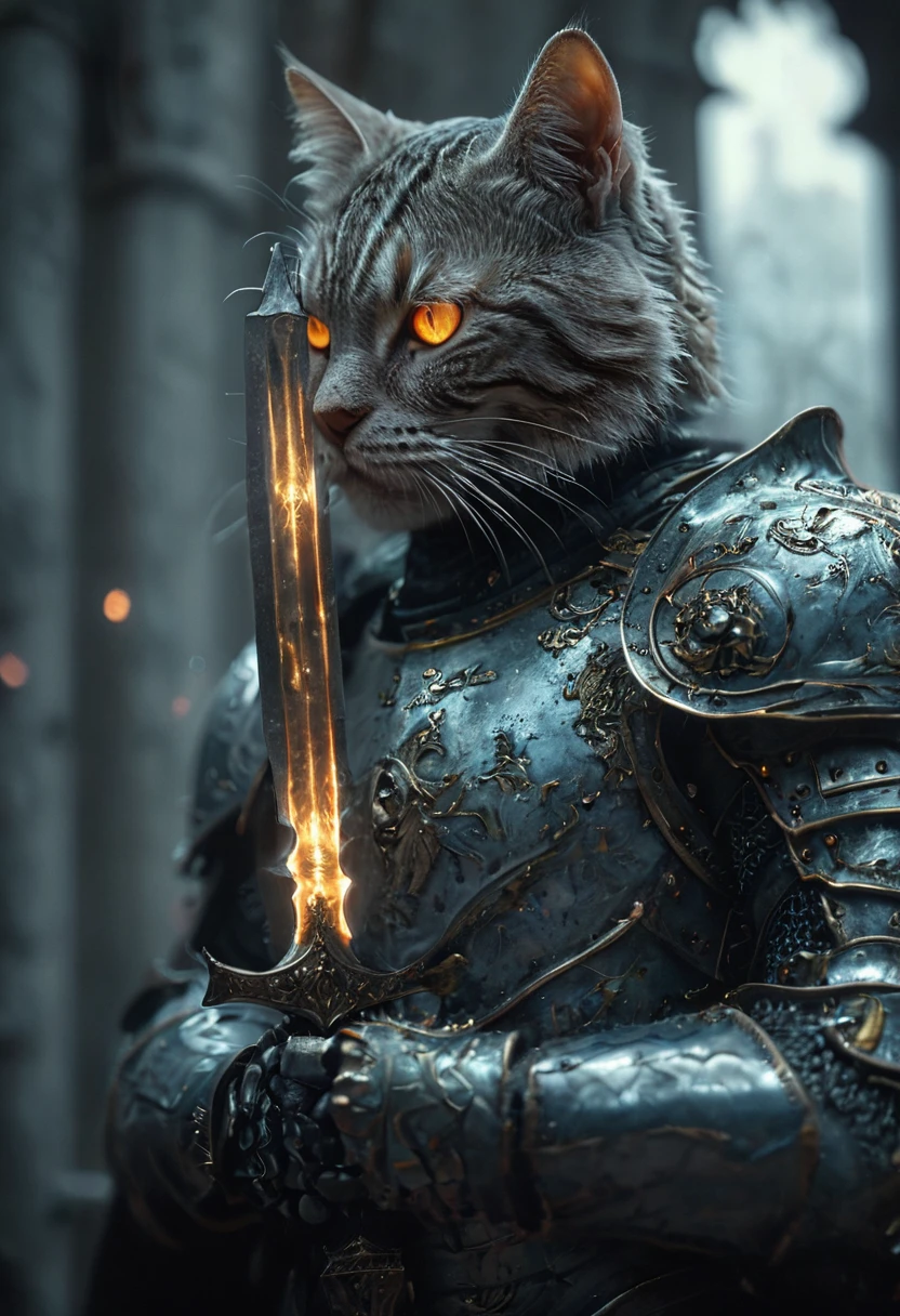 cat knight with glowing eyes, moonlight, enemys, (anthropomorphic cat:1.4), ethereal, angry, dynamic pose, Movie Still, cover art, vertical symmetry, famous artwork by artgerm and guweiz, hkstyle, (masterpiece, best quality, perfect composition, very aesthetic, absurdres, ultra-detailed, intricate details, Professional, official art, Representative work:1.3)