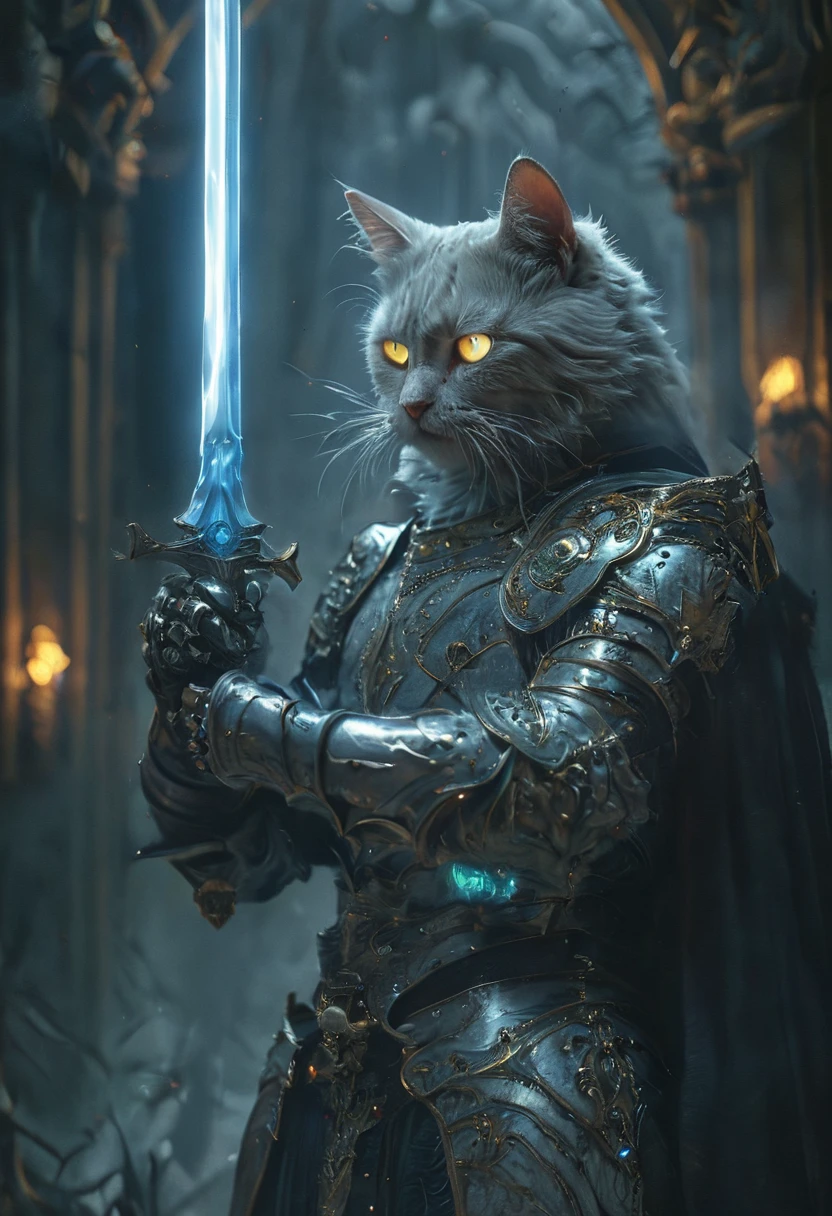 cat knight with glowing eyes, moonlight, enemys, (anthropomorphic cat:1.4), ethereal, angry, dynamic pose, Movie Still, cover art, vertical symmetry, famous artwork by artgerm and guweiz, hkstyle, (masterpiece, best quality, perfect composition, very aesthetic, absurdres, ultra-detailed, intricate details, Professional, official art, Representative work:1.3)