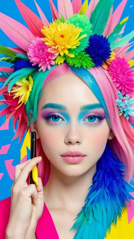 The image shows a person with a vibrant and colorful makeup and hairstyle. The individual has a bold, colorful eye makeup with blue and pink hues, and their cheeks are adorned with a similar color palette. They are wearing a headpiece that appears to be made of colorful, fluffy materials, possibly feathers or a similar texture, in shades of red, blue, and pink. The person is also wearing a garment with a bright yellow and blue striped pattern.
The background is a colorful abstract painting with splashes of blue, yellow, and red, which complements the overall colorful theme of the image. The person is holding a pencil, suggesting they might be involved in some form of artistic activity. The overall aesthetic of the image is playful and artistic, with a strong emphasis on color and creativity.