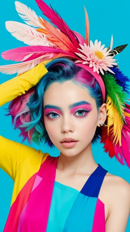 The image shows a person with a vibrant and colorful makeup and ...