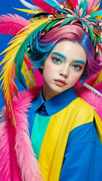 The image shows a person with a vibrant and colorful makeup and hairstyle. The individual has a bold, colorful eye makeup with blue and pink hues, and their cheeks are adorned with a similar color palette. They are wearing a headpiece that appears to be made of colorful, fluffy materials, possibly feathers or a similar texture, in shades of red, blue, and pink. The person is also wearing a garment with a bright yellow and blue striped pattern.
The background is a colorful abstract painting with splashes of blue, yellow, and red, which complements the overall colorful theme of the image. The person is holding a pencil, suggesting they might be involved in some form of artistic activity. The overall aesthetic of the image is playful and artistic, with a strong emphasis on color and creativity.