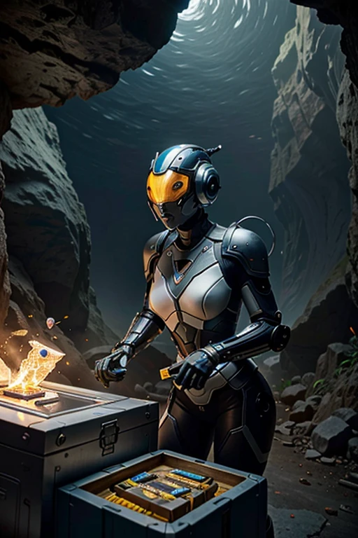 (best quality,4k,8k,highres,masterpiece:1.37), ultra-detailed, (realistic,photorealistic,photo-realistic:1.37), (aerial view), (top down perspective), 1woman, (the foreground is a woman pulling a video game cartridge out of a futuristic artifact box full of video game cartridges:1.6), (the woman is looking down:1.4), (Futuristic artifact box), (the artifact box is open), (The scene unfolds inside a mystical cavern:1.4), robot joints, mecha musume, (The woman is wearing a cyber suit made with glass details, covering her entire body:1.5), gatchaman, (She has a helmet glass visor:1.4), (dynamic angle:1.37), headgear, mechanical parts, (The woman's headgear is made of fractal mechanical parts:1.4), (fantasy and sci-fi mixed:1.37), holographic glitch effects floats around the woman, vibrant colors, (A blue glow emanates from inside the treasure chest), glowing lights, (abandoned machinery), (there are video game cartridges and consoles on the background), mystical creatures, (there are crystal formations spreading on the background), (futuristic technology), (ancient artifacts), mystical energy, vibrant retro aesthetic, atmospheric lighting, ancient ruins, mysterious symbols, lush vegetation, nostalgic atmosphere, epic adventure, delightful surprises