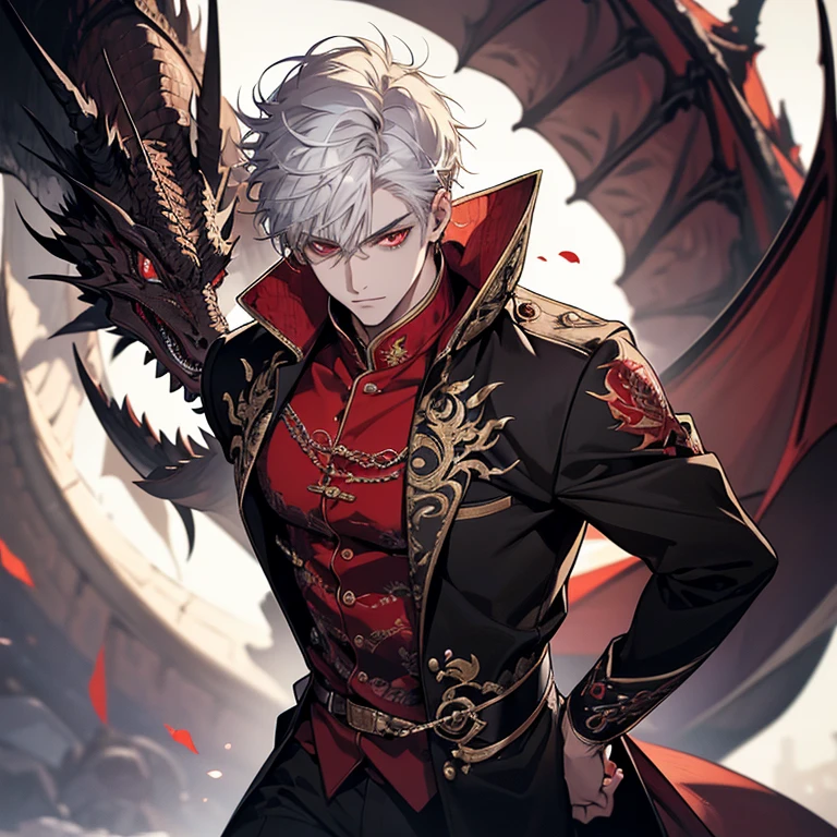 (a very attractive boy,white-haired adult boy,red-eyed boy,red and black dragon in the background),[illustration,painting],[detailed character,realistic details],[best quality,4k,highres:1.2],ultra-detailed,[vivid colors,vibrant hues],[sharp focus,professional lighting]