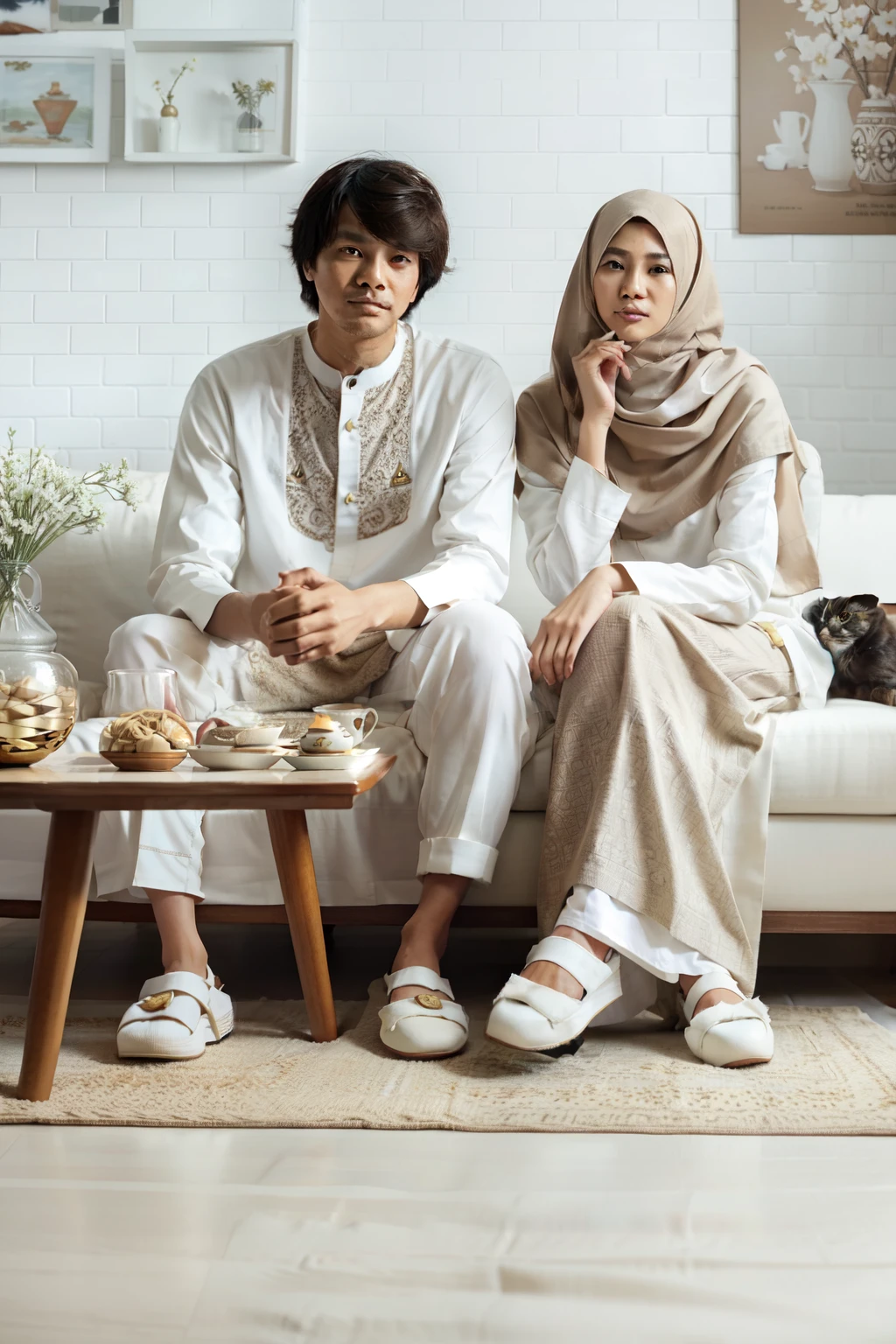 they are sitting on a couch with a cat on the coffee table, lovely couple, couple, casual modern clothing, milk and mocha style, wearing white clothes, by Basuki Abdullah, traditional clothes, in white clothes, dau-al-set, dau - al - set, inspired by Basuki Abdullah, traditional clothing, inspired by Fathi Hassan, dressed thobe