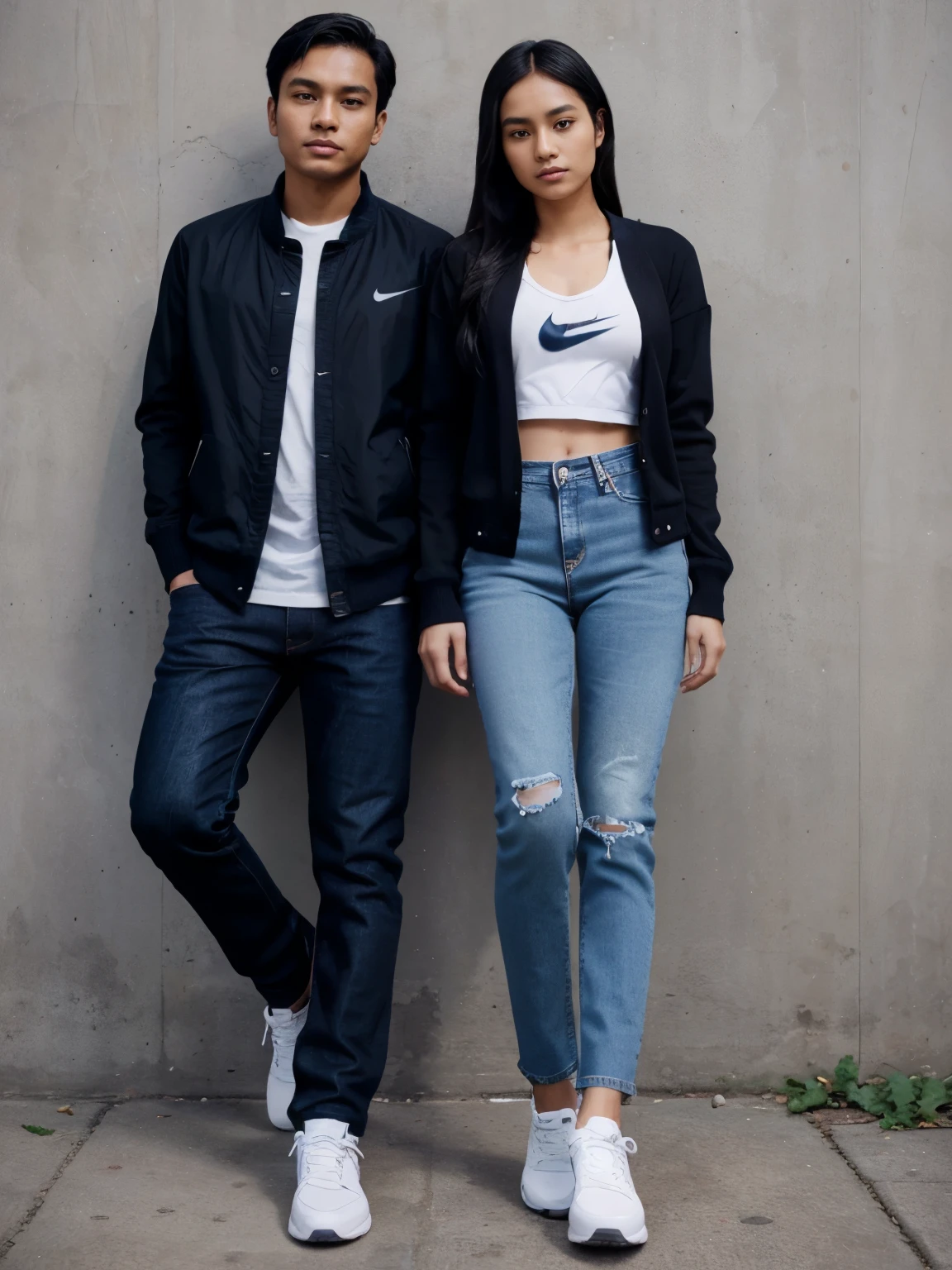 photoshoot of men and women. young man from Indonesia, black hair, middle parting, navy jacket, jeans, Nike shoes, with a young woman from Indonesia, black hijab, cardigan jacket, jeans, Nike shoes