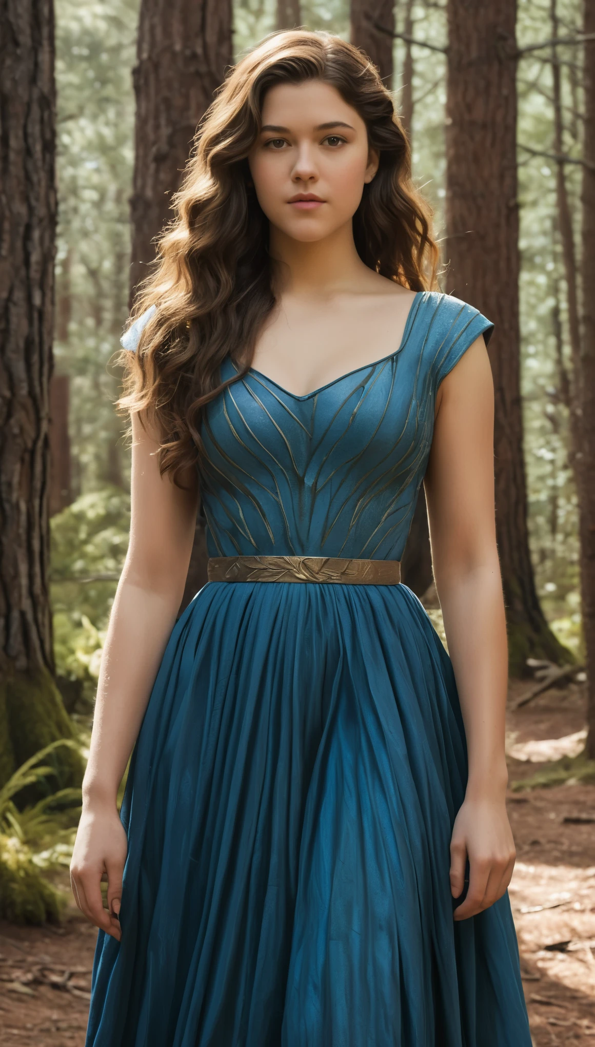 An illustrated movie poster, hand-drawn, full color, a Westerosi teen girl, wearing a long regal dress, resembles Mary Elizabeth Winstead, sun-tanned complexion, tall, athletic, Amazonian figure, curvy, toned midriff, bottom-heavy, generous hips, massive bubble-butt, ridiculously thick powerful thighs, dark hair, long hair, waist-length hair, posing in a pine forest, hard shadows, graphite shading, stencil marks, airbrushed acrylic paint, masterpiece, in the style of Game of Thrones 