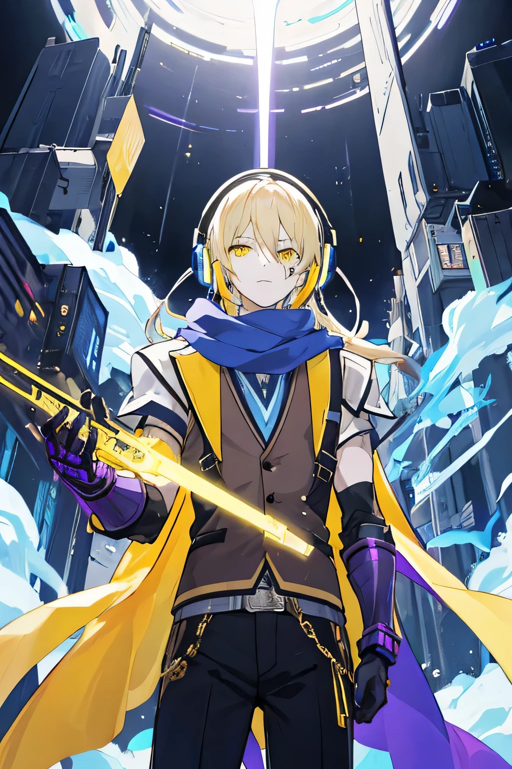 Young adult anime male with fair skin, thin but toned body, blonde hair with a few black and white streaks, glowing purple eyes, wearing a black vest, yellow shirt, dark brown pants, and a blue scarf, with high tech sci fi headphones, high tech sci fi gauntlets, and high tech sci fi greaves. He is also holding a high tech sci fi spear, and prismatic colored electricity is shooting out from his gauntlets.