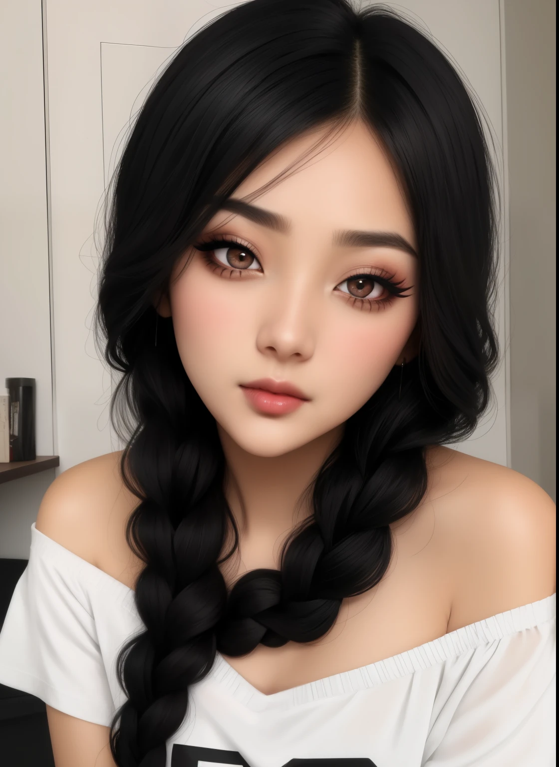 Sexy woman, black hair, single braid, seductive eyes, intense gaze, mouth parted, deep blush, flustered, beautiful face, amazing makeup, off shoulder t shirt