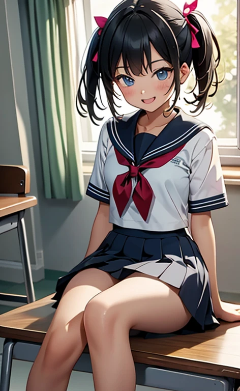 ((masterpiece、top-quality:1.5、a high chroma:1.5、ultra-detailliert、high-resolution illustrations:1.5、Ultra-high-definition CG、8k size wallpaper、offcial art))、(portrait,cowboy shot)、(1girl),Open mouth happy smile,cute face,
,(sitting,knees up:1.3),
,(sexy body),(sailor uniform,mini skirt),(long black hair), (small breasts)、
(hair ribbon)、classroom,JK