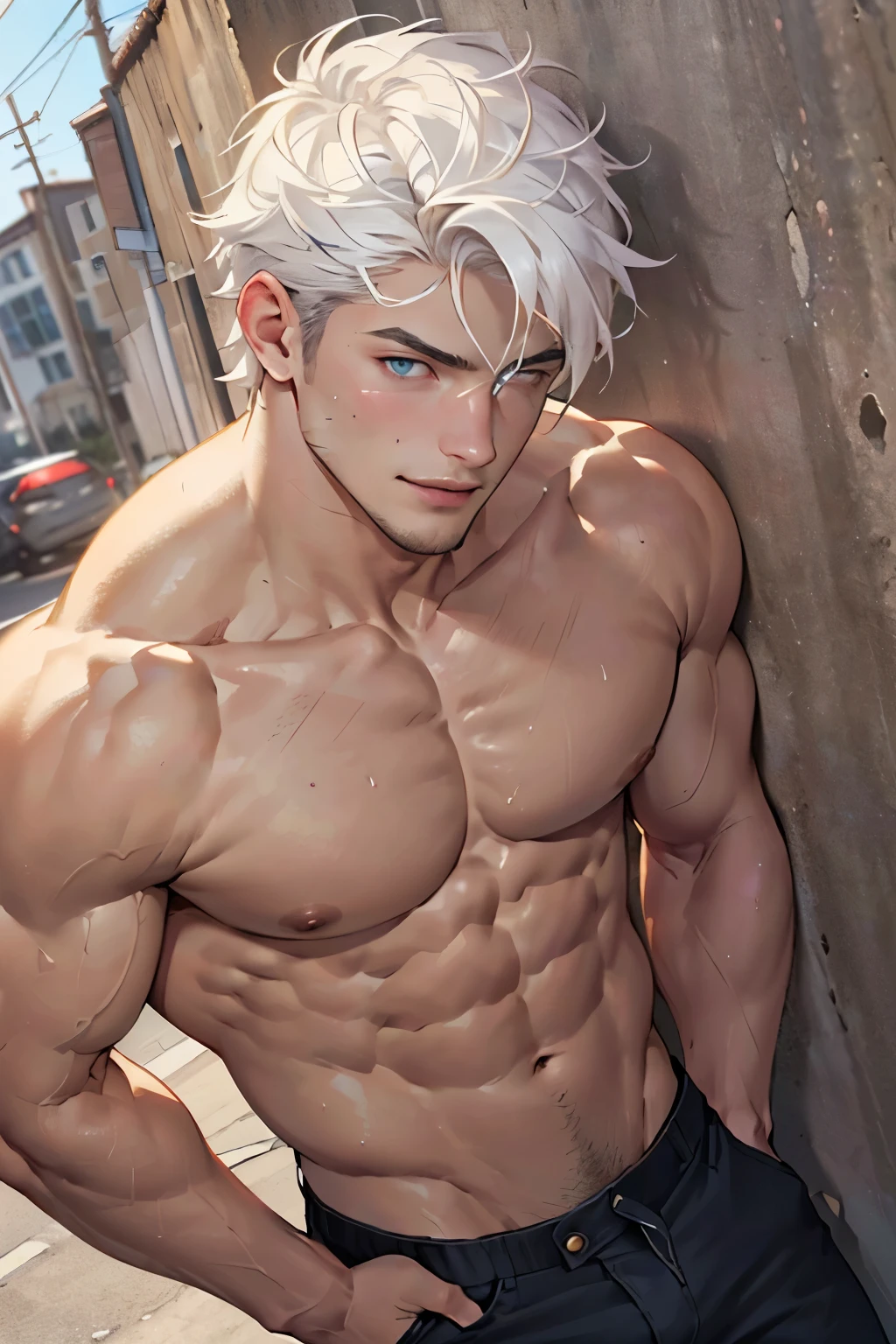 ((the best quality)), ((Masterpiece)), (details), perfect face, high definition, Masterpiece,4k,details clearly, Handsome face, white skin, perfect body, male body, strong muscles, abdomen, blue eyes, white skin, The most handsome man in the world, handsome, The coolest face, Male characters, close image (1man, shirtless), young man, mischievous smile, Extremely muscular tall man, open your eyes ((detailed eyes)), huge, muscular body and Massive, bulging pecs, muscular abs, narrow waist, short hair, blue eyes, delicate big eyes, carefree expression, clear face, handsome (detailed face, perfect face) ((extremely realistic shadows, bodybuilding posture, human, ((22-year-old young man)), V shape, athletic pants, athletic, Shirtless, Sunlight, Street wall, lower pants, topless, close up look, CG sense, Textured skin, the best quality, Storytelling images, lower your pants, show Panty line, white hair, Best short, unbutton
