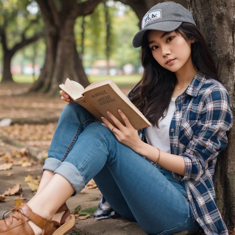 A beautiful Asian girl, round face, baseball cap, plaid shirt, long tight jeans, sandals, is reading a book. The word "Yuni" is written on her shirt. He leaned against a tree and there were fallen leaves all around him.