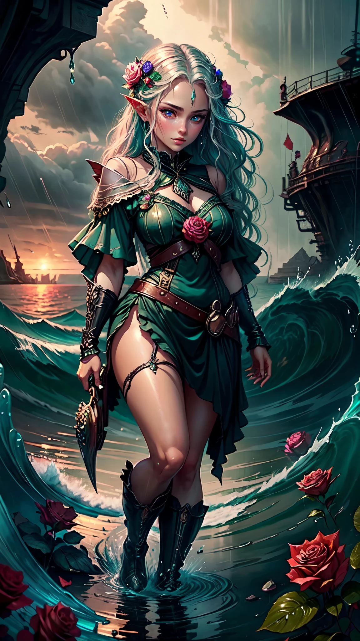 cowboy shot,full body ,elf girl, big , roses, rose bushes , rose petals, rain , raindrops scatter ,vivid colors, vibrant, glowing eyes,sea,ocean, waves far, ships , sailor ships, sea, detailed face, detailed eyes, detailed hands
