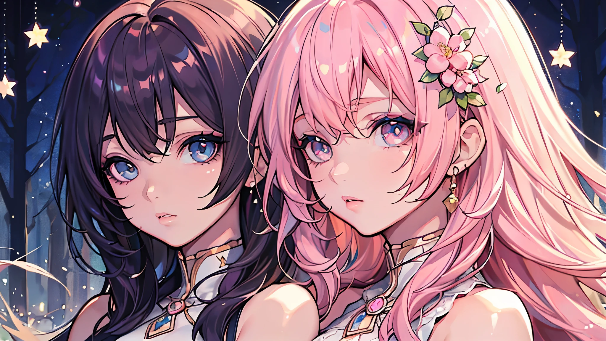 (highest quality,8K,cg),Upper body details, girl,flower forest background,Complex facial features,elegant long curly hair,large almond shaped eyes,detailed eye makeup,long eyelashes,twinkling stars,exquisite lip detail,soft and harmonious style.