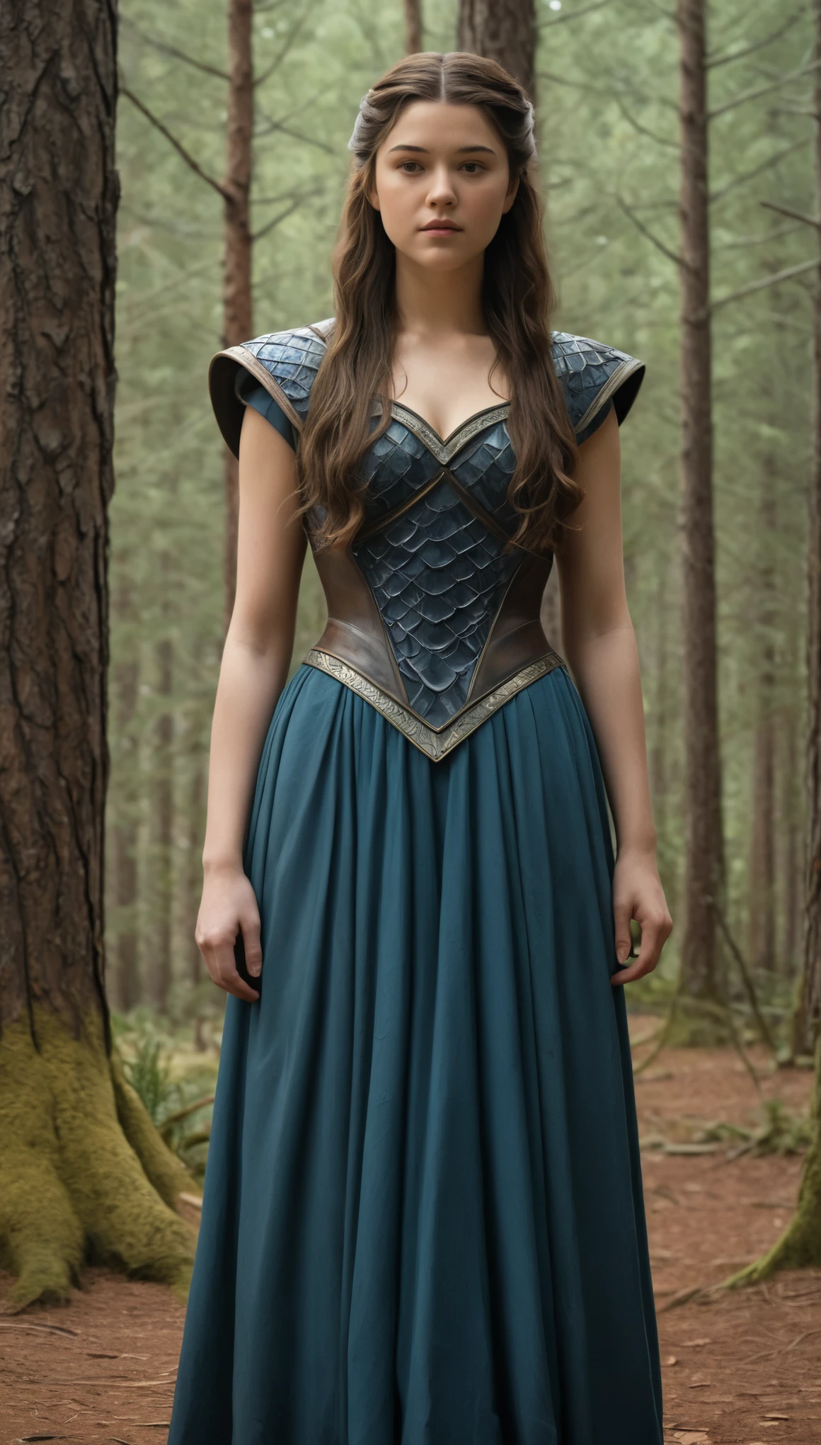 An illustrated movie poster, hand-drawn, full color, a Westerosi  girl, wearing a long regal dress, resembles Mary Elizabeth Winstead, sun-tanned complexion, tall, athletic, Amazonian figure, curvy, toned midriff, bottom-heavy, generous hips, massive bubble-butt, ridiculously thick powerful thighs, dark hair, long hair, waist-length hair, posing in a pine forest, hard shadows, graphite shading, stencil marks, airbrushed acrylic paint, masterpiece, in the style of Game of Thrones 