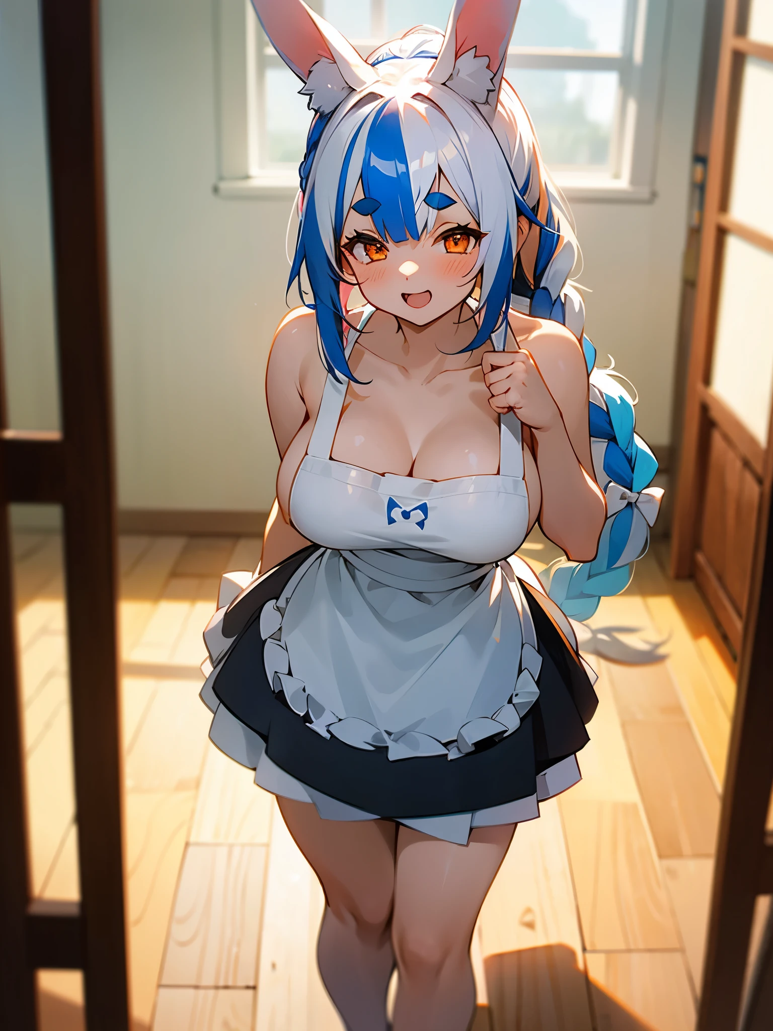 Long blue hair , blue detailed sparkling eyes , embarrassed , blushing                                                                                          
  (Best quality:1.3),mini breasts, naked, apron, cleavage, (pov, close shot), standing, kitchen background, blushing:1.2.