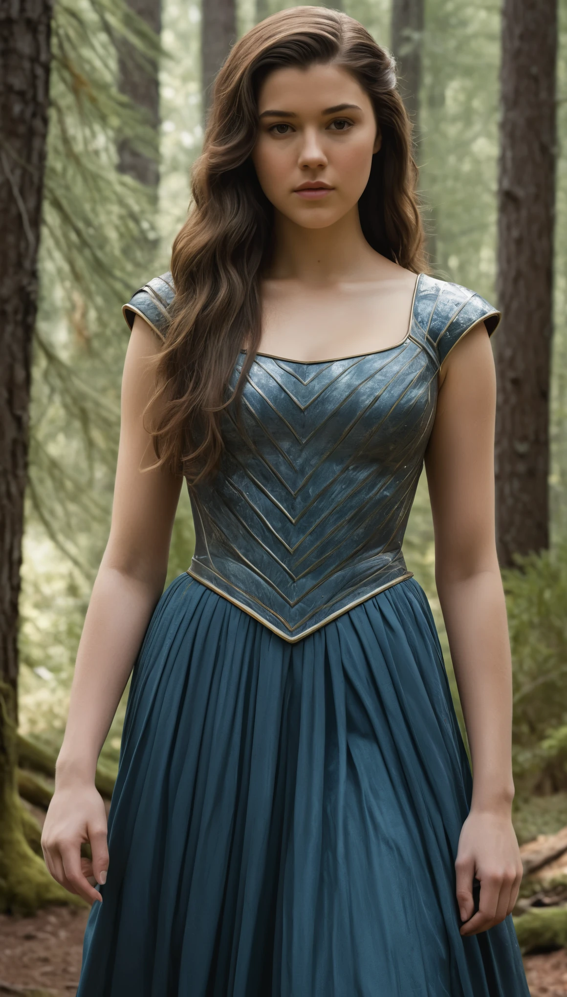 An illustrated movie poster, hand-drawn, full color, a Westerosi teen girl, wearing a long regal dress, resembles Mary Elizabeth Winstead, sun-tanned complexion, tall, athletic, Amazonian figure, curvy, toned midriff, bottom-heavy, generous hips, massive bubble-butt, ridiculously thick powerful thighs, dark hair, long hair, waist-length hair, posing in a pine forest, hard shadows, graphite shading, stencil marks, airbrushed acrylic paint, masterpiece, in the style of Game of Thrones