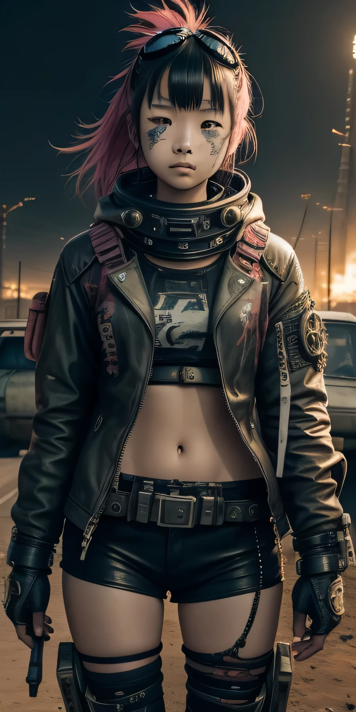 young japanese girl, 16 years old , pretty, punky hair, face painted with baroque filigree,modern clothes, futuristic space suit, ripped, dirty, dishevelled, post apocalpse, mad max, goggles,