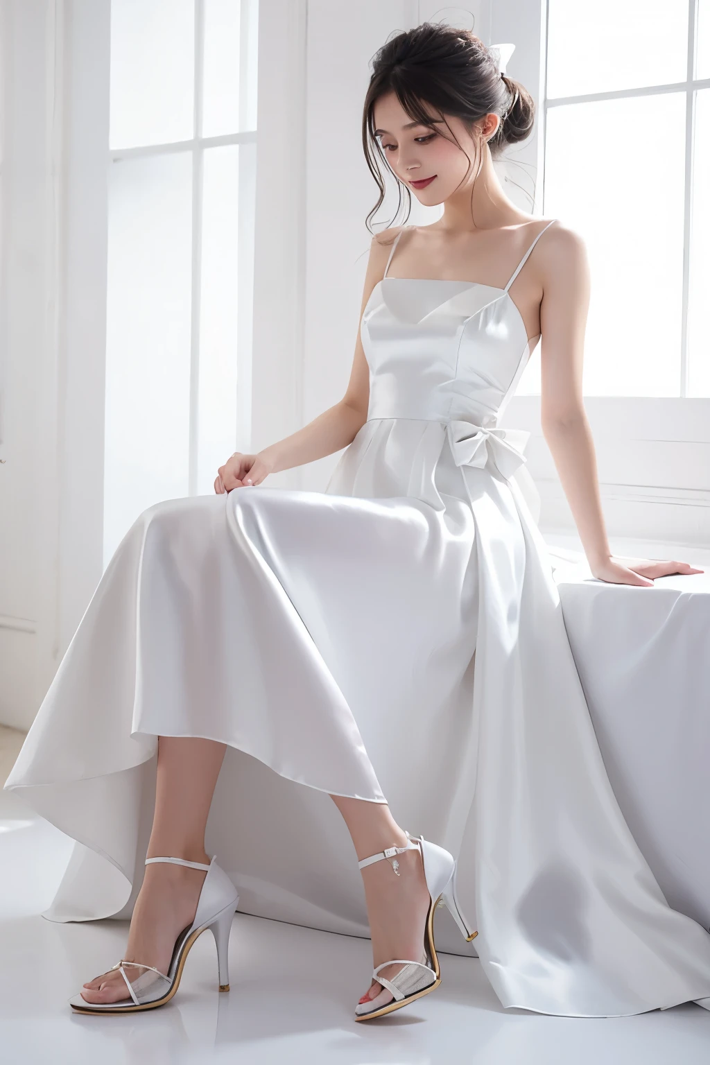 long dress silkwhite , silk and satin, dink, bow, high heels