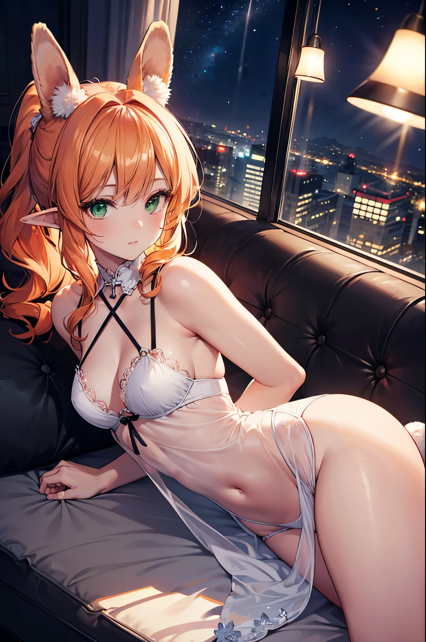 Realistic image, detailed image, coherent image. 1 beautiful elf. dressed in a transparent nightgown. She has long, curly orange hair, styled in a ponytail. Green eyes with long eyelashes. Sensual expression. She has rabbit ears and tail. She has a curvy body, medium breasts, thick thighs. She is sitting cross-legged. She is in a penthouse on a starry night. View from above. Arching her back. Soft focus, Dramatic shadows, Volumetric lighting, natural lighting. ISO:100, F1.4, --equals 2