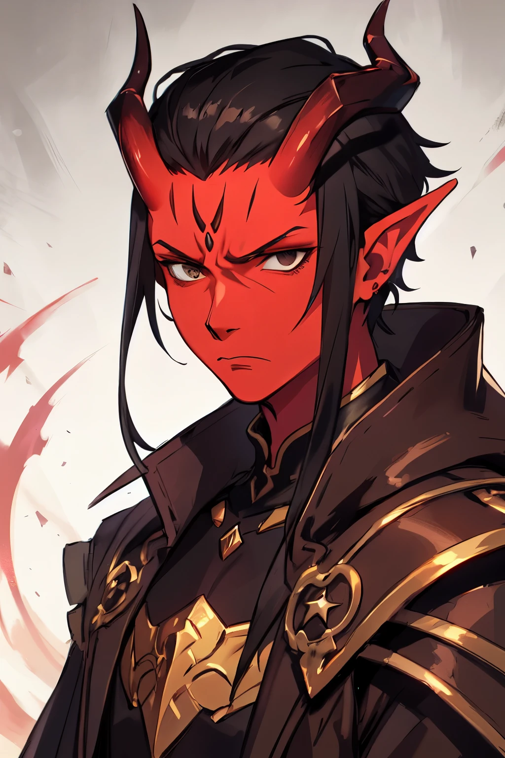 ((highly detailed,masterpiece, best quality)),(detailed face, detailed eyes),perfect lighting, perfect shadowsfantasy , dungeon, androgynous, solo, warrior,long dark brown coat, tiefling,(serious expression:1.4),(calm expression:1.3),glaring, looking at viewer,colored skin, black horns, demon horns,(red skin:1.2),pointy ear,(black eyes:1.2),shaved ponytail,black hair, vox machina style, upper body,portrait,