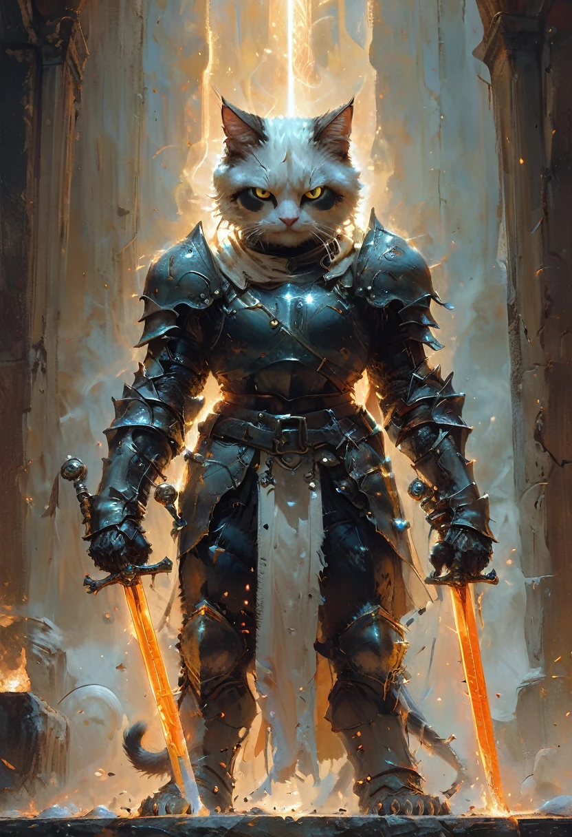 cat knight with glowing eyes, Dual Swords, (anthropomorphic cat), angry, dynamic pose, Movie Still, cover art, vertical symmetry, by Frank Frazetta, (masterpiece, best quality, perfect composition, very aesthetic, absurdres, ultra-detailed, intricate details, Professional, official art, Representative work:1.3)