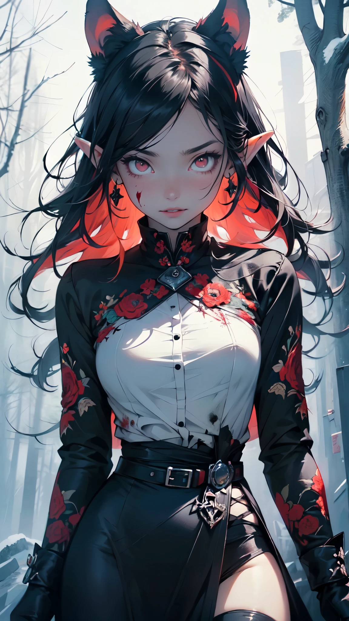 evil elf,(((little ,tiny little body,little))),(((6 years old))),((anime elf with extremely beautiful black hair)),(((elf))),(((elf ears))),
(((flat chest))),((((black hair:1.35,messy black hair,colored inner hair,ear breathing)))),(((red_eyes:1.3))),intricate eyes,beautiful detailed eyes,symmetrical eyes,big eyes:1.5,(detailed body,(detailed face)),Vampires,((Red glowing eyes)),evil look,Clear facial features,Vampire fangs exposed,(((bloody,bloody eyes,fantasy and horror art,blood on the face,horribly beautiful eyes,blood red lips,))),
cute,slutty,erotic,daring,((nsfw)),detailed face, detailed eyes, detailed hands
zettai ryouiki,revealing clothing,show skin,(((Dressed in a gorgeous Gothic dress,rosette,Skull decoration,the bats,The body is surrounded by a red mist,rays of moonlight))),(black gloves),((Torn and dirty clothes, disturbingly pale skin, creepy atmosphere)),(((intricate outfit,intricate clothes,embroidered outfit,ornate outfit,embroidered clothes,ornate clothes))),
(dynamic pose:1.0),crazy,horror,(centered,scale to fit dimensions,Rule of thirds),
((Premonitory feeling of danger, horror movie vibrations, Nightmare horror)),
((snowy pine forest at night)), with dark stormy clouds,winter,scenery:1.25,((snow forest background)),Christmas tree,
highres,sharp focus,(ultra detailed,extremely detailed),(photorealistic artwork:1.37),(extremely detailed CG unity 8k wallpaper),(((vibrant colors,vibrant theme))),(intricate),(masterpiece),(best quality),