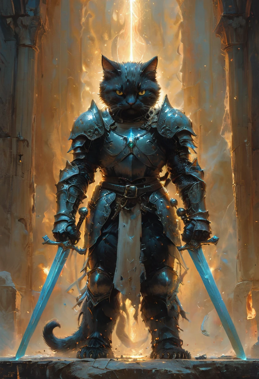 cat knight with glowing eyes, Dual Swords, (anthropomorphic cat), angry, dynamic pose, Movie Still, cover art, vertical symmetry, by Frank Frazetta, (masterpiece, best quality, perfect composition, very aesthetic, absurdres, ultra-detailed, intricate details, Professional, official art, Representative work:1.3)