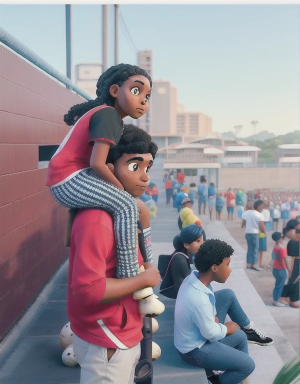 Pai negro com bone e filha negra com cabelo cacheado assistindo Jogo do parana clube