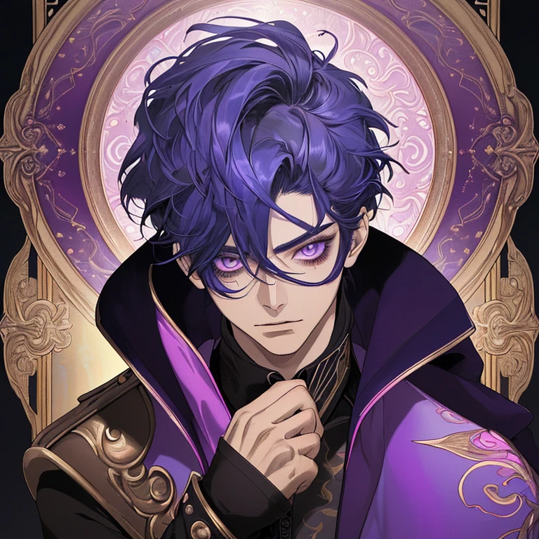 ,con un estilo de retrato excepcional. (best quality,highres,masterpiece:1.2), with a mysterious background and dramatic lighting, que resalta los detalles ultrafinos de la pintura. El chico tiene expresiones faciales intensas y mirada penetrante, with extremely detailed blue irises and long eyelashes. Lleva un traje moderno y elegante, resaltando su atractivo. Su cabello morado se ve exquisitamente detallado y tiene un brillo sutil. A powerful purple dragon stands in the background, con escamas detalladas y una mirada amenazadora. The artwork features vibrant colors and dramatic contrast. The style is a combination of realistic portrait and fantasy, con un fuerte enfoque en los detalles y la textura de la pintura. The lighting highlights the contours of the boy and creates an enigmatic and exciting atmosphere. Los tonos de color son predominantemente oscuros y ricos, con toques de morado para realzar el tema principal.