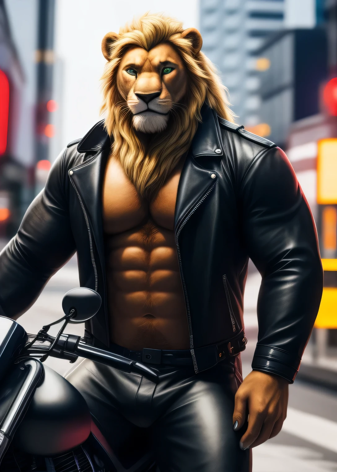 (best quality,4k,highres,masterpiece:1.2), ultra-detailed, realistic:1.37, HDR, studio lighting, extreme detail description, professional, vivid colors, bokeh, lion, male, blond mane, brown beard along the jaw, green eyes, very muscular body, pecs, biceps, broad shoulders, biker clothing, open jacket, tight pants, on motorcycle, street, looking at the viewer.