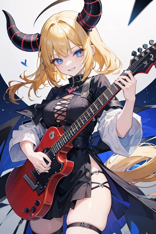 A anime girl with 2 demon horns, one horn is black and the other is blue, she has blonde hair and she has a black demon tail with a heart at the tip of the tail. She has one blue eye and one black. She has sharp canines and she is smiling. She has a guitar in her hands.
