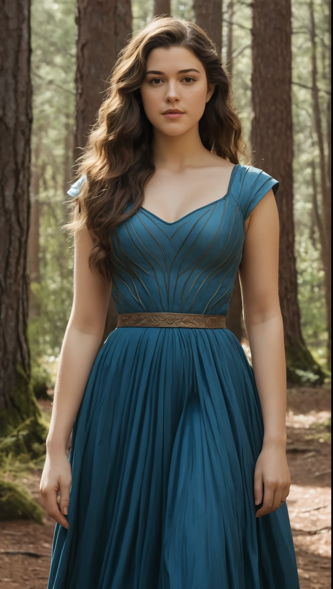 An illustrated movie poster, hand-drawn, full color, a Westerosi teen girl, wearing a long regal dress, resembles Mary Elizabeth Winstead, sun-tanned complexion, tall, athletic, Amazonian figure, curvy, toned midriff, bottom-heavy, generous hips, massive bubble-butt, ridiculously thick powerful thighs, dark hair, long hair, waist-length hair, posing in a pine forest, hard shadows, graphite shading, stencil marks, airbrushed acrylic paint, masterpiece, in the style of Game of Thrones