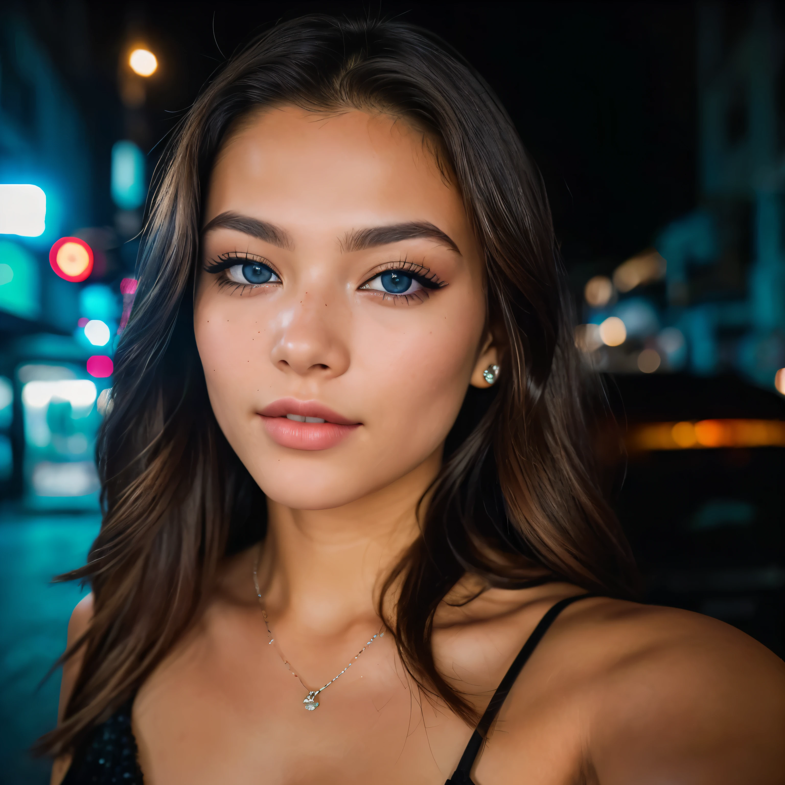 (selfie, top view: 1.4), (straight half of the body: 1.4), RAW UHD portrait photo of a 25-year-old beautiful girl, long brown hair, (brown-eyed woman) walking down a dark alley, large breasts,, city at night, (dress), (neckline), details (textures! , hair! , glitter, color!! , disadvantages: 1.1), glossy eyes with high detail (looking at the camera), SLR lighting, SLR camera, ultra-quality, sharpness, depth of field, film grain (center), Fujifilm XT3, crystal clear, frame center, beautiful face, sharp focus, street lamp, neon lighting, bokeh (dimly lit), night, (night sky), detailed skin pores, oily skin, sunburn, complex eye details, full body, large breasts, pale skin, blue eyes