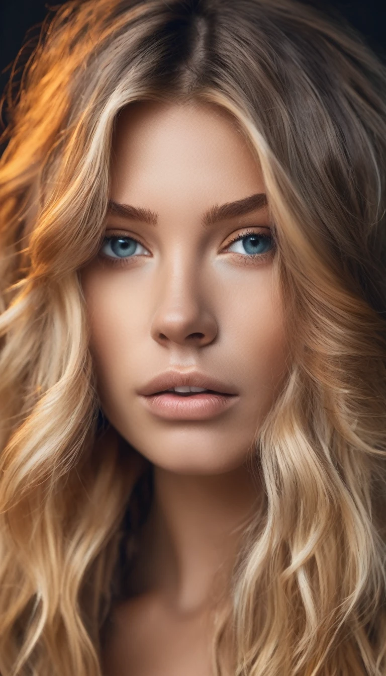 Photographie d'une belle fille, corp entier, porte rien, se pencher, longs cheveux blonds fluides, Grand buste, locks eyes in the camera, eyeshadow, eyes symmetrical, symmetrical face, ultra-realistic photo, photographie, Path layout, specular lighting, Volumetric facial light, Hair path, Ombres visibles, complexe, elaborate, blank background