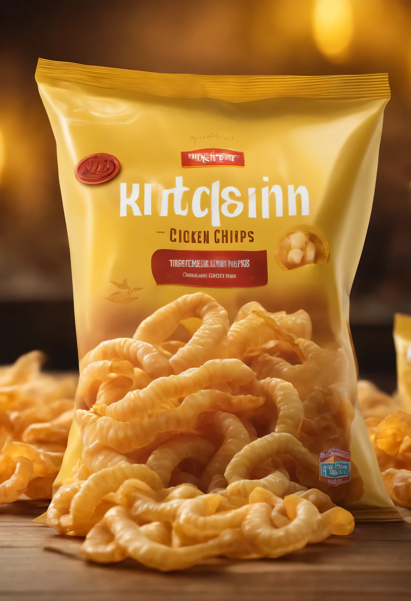 A bag of chicken intestine chips, displayed on a table, a rain of chicken intestine chips, Chicken intestine chips in a golden yellow color scheme, and the image shows a close-up view of the product. 3d, realistic, photography, medium light