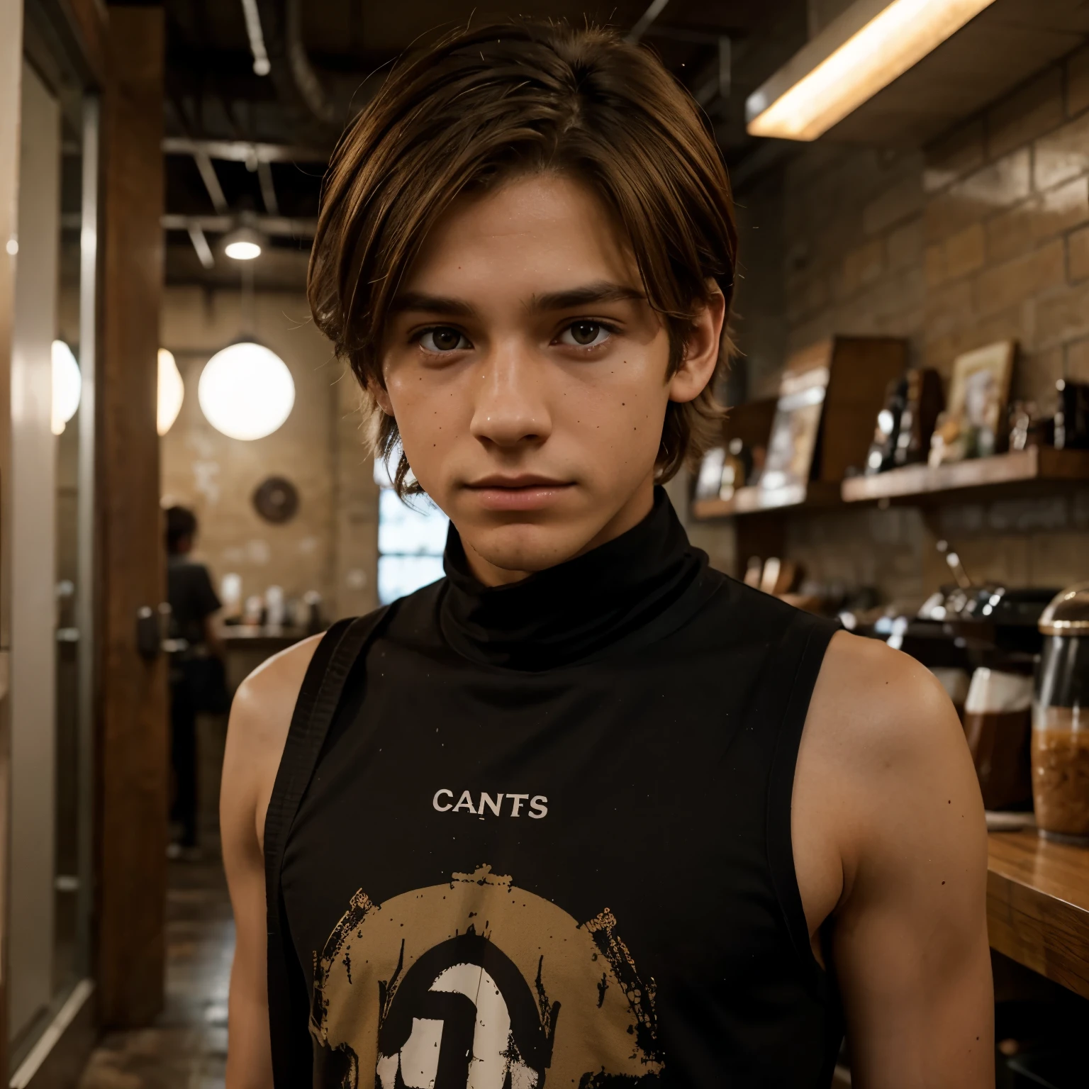 A character design of a light brown haired boy, de tez clara, ojos negros, pecas cafes, and with a post-apocalyptic dress in an anime style